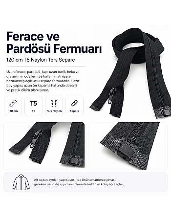 120 cm 47.24" Reversed Nylon Abaya Zipper | For Long Outerwear | ZP00120S