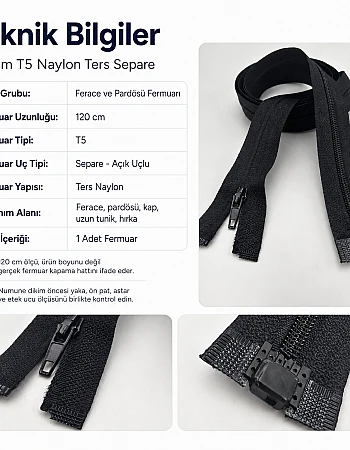 120 cm Naylon Ters Ferace Fermuarı | Uzun Dış Giyim İçin | ZP00120S