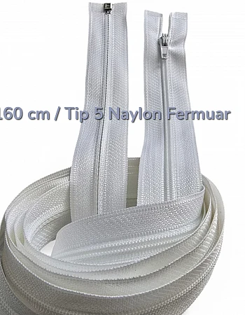 160 cm T5 Beyaz Naylon Açık Uçlu Fermuar | Ferace, Pardösü ve Uzun Mont İçin | ZP00160T5