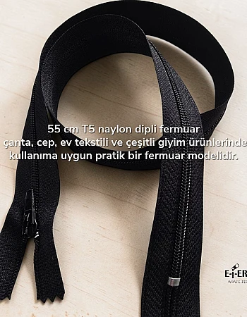 55 cm T5 Siyah Naylon Dipli Fermuar – Mont, Ceket ve Tekstil Ürünleri İçin Zp0055t5