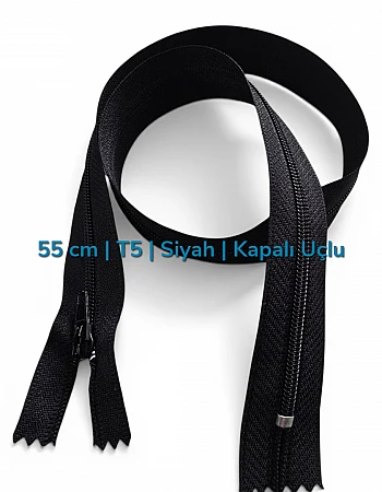 55 cm T5 Siyah Naylon Dipli Fermuar | Kapalı Uçlu Mont Cep ve Çanta Fermuarı | ZP0055T5