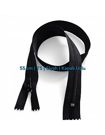 55 cm 21.66" T5 Black Nylon Closed-End Zipper | Jacket Pocket and Bag Zipper | ZP0055T5