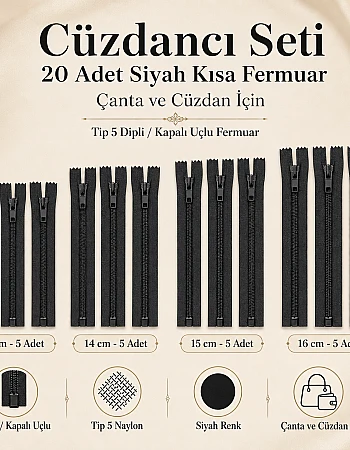 Cüzdancı Seti – 20 Adet Siyah Kısa Fermuar, Çanta ve Cüzdan İçin Tip 5 Kapalı Uçlu Fermuar ST-0001T5