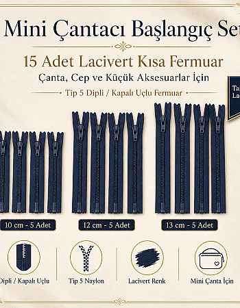 Mini Çantacı Başlangıç Seti – 15 Adet Lacivert Kısa Fermuar Tip 5 Kapalı Uçlu Fermuar ST-0002T5