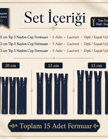 Mini Çantacı Başlangıç Seti – 15 Adet Lacivert Kısa Fermuar Tip 5 Kapalı Uçlu Fermuar ST-0002T5