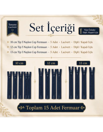 Mini Çantacı Başlangıç Seti – 15 Adet Lacivert Kısa Fermuar Tip 5 Kapalı Uçlu Fermuar ST-0002T5