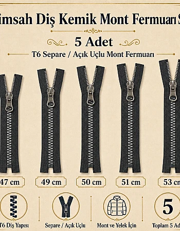 5 Adet Timsah Diş Kemik Mont Fermuarı Seti – 47–53 cm Kısa Mont ve Ceket İçin - ST-0003T5