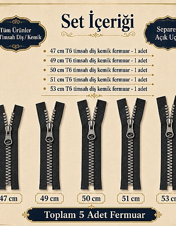 5 Adet Timsah Diş Kemik Mont Fermuarı Seti – 47–53 cm Kısa Mont ve Ceket İçin - ST-0003T5
