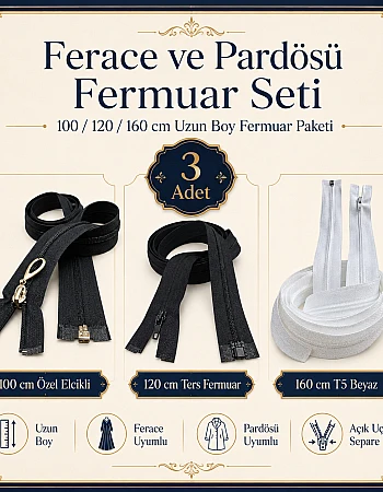 Terzi ve Ferace Atölyeleri İçin Uzun Fermuar Seti – 3 Adet Hazır Tamir ve Üretim Paketi - ST-0005T5