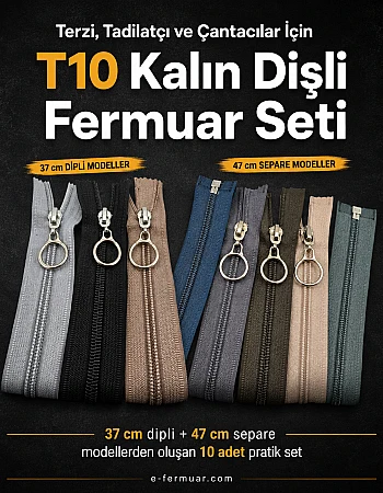 Terzi, Tadilatçı ve Çantacılar İçin T10 Kalın Dişli Fermuar Seti – 37 / 47 cm – 10 Adet - ST-0006T10