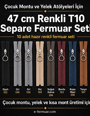 Çocuk Montu ve Yelek Atölyeleri İçin 47 cm Renkli T10 Separe Fermuar Seti – 10 Adet - ST-0007T10