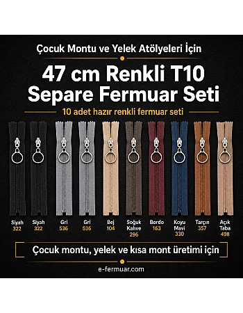 Çocuk Montu ve Yelek Atölyeleri İçin 47 cm Renkli T10 Separe Fermuar Seti – 10 Adet - ST-0007T10