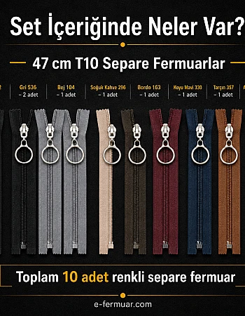 Çocuk Montu ve Yelek Atölyeleri İçin 47 cm Renkli T10 Separe Fermuar Seti – 10 Adet - ST-0007T10