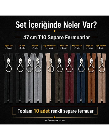 Çocuk Montu ve Yelek Atölyeleri İçin 47 cm Renkli T10 Separe Fermuar Seti – 10 Adet - ST-0007T10