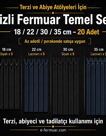 Terzi ve Abiye Atölyeleri İçin Gizli Fermuar Temel Seti – 18 / 22 / 30 / 35 cm – 20 Adet - ST-0008