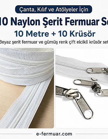 Çanta, Kılıf ve Atölyeler İçin T10 Naylon Şerit Fermuar Seti – 10 Metre + 10 Krüsör - ST-0009