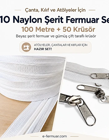 Çanta, Kılıf ve Atölyeler İçin T10 Naylon Şerit Fermuar Seti – 100 Metre + 50 Krüsör- ST-0009T10-100M50C