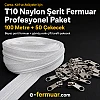 100 metre T10 naylon fermuar ve 50 dayanıklı çekecek içeren set, çeşitli projeler için ideal.