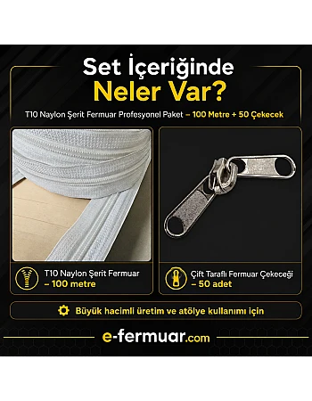 Çanta, Kılıf ve Atölyeler İçin T10 Naylon Şerit Fermuar Seti – 100 Metre + 50 Krüsör- ST-0009T10-100M50C