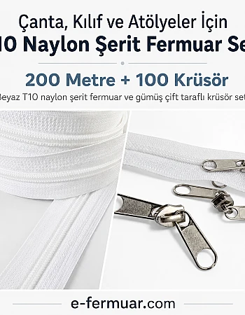 Çanta, Kılıf ve Atölyeler İçin T10 Naylon Şerit Fermuar Seti – 200 Metre + 100 Krüsör- ST-0009T10-200M100C