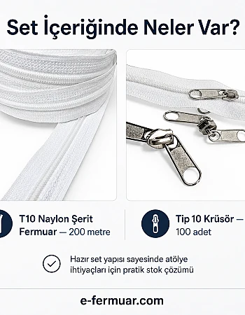 Çanta, Kılıf ve Atölyeler İçin T10 Naylon Şerit Fermuar Seti – 200 Metre + 100 Krüsör- ST-0009T10-200M100C