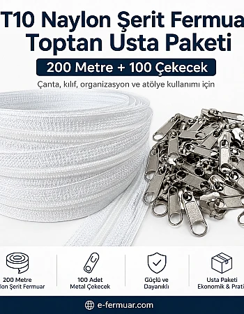 Çanta, Kılıf ve Atölyeler İçin T10 Naylon Şerit Fermuar Seti – 200 Metre + 100 Krüsör- ST-0009T10-200M100C