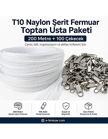 Çanta, Kılıf ve Atölyeler İçin T10 Naylon Şerit Fermuar Seti – 200 Metre + 100 Krüsör- ST-0009T10-200M100C