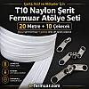 20 metre uzunlukta naylon fermuar ve 10 adet çekecek içeren set, çeşitli projeler için ideal.