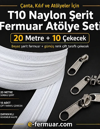 Çanta, Kılıf ve Atölyeler İçin T10 Naylon Şerit Fermuar Seti – 20 Metre + 10 Krüsör- ST-0009T10-20M10C