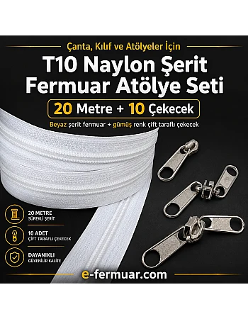Çanta, Kılıf ve Atölyeler İçin T10 Naylon Şerit Fermuar Seti – 20 Metre + 10 Krüsör- ST-0009T10-20M10C