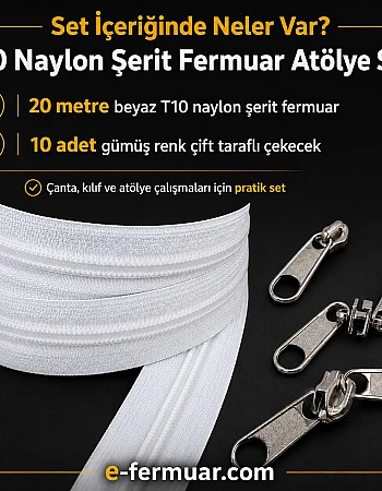 Çanta, Kılıf ve Atölyeler İçin T10 Naylon Şerit Fermuar Seti – 20 Metre + 10 Krüsör- ST-0009T10-20M10C