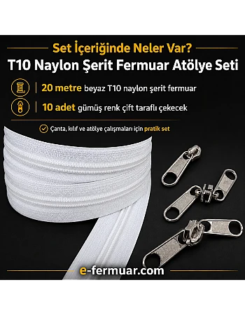 Çanta, Kılıf ve Atölyeler İçin T10 Naylon Şerit Fermuar Seti – 20 Metre + 10 Krüsör- ST-0009T10-20M10C