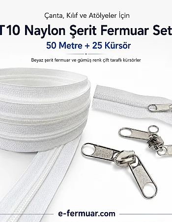 Çanta, Kılıf ve Atölyeler İçin T10 Naylon Şerit Fermuar Seti – 50 Metre + 25 Krüsör- ST-0009T10-50M25C
