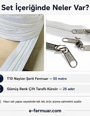 Çanta, Kılıf ve Atölyeler İçin T10 Naylon Şerit Fermuar Seti – 50 Metre + 25 Krüsör- ST-0009T10-50M25C