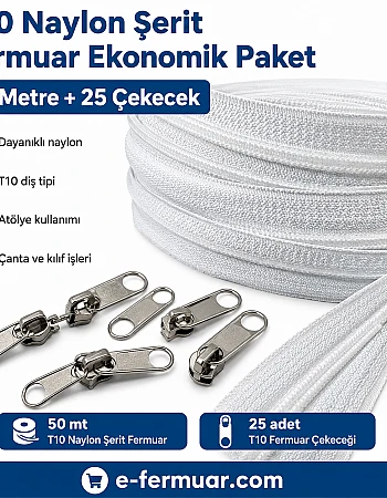 Çanta, Kılıf ve Atölyeler İçin T10 Naylon Şerit Fermuar Seti – 50 Metre + 25 Krüsör- ST-0009T10-50M25C