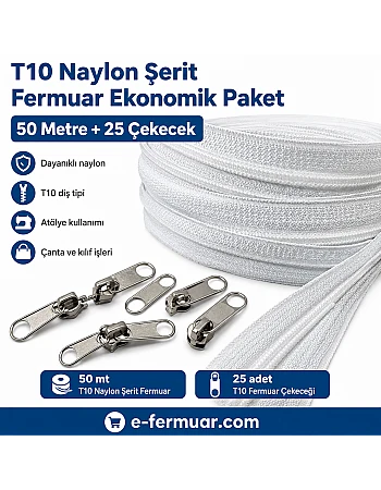 Çanta, Kılıf ve Atölyeler İçin T10 Naylon Şerit Fermuar Seti – 50 Metre + 25 Krüsör- ST-0009T10-50M25C
