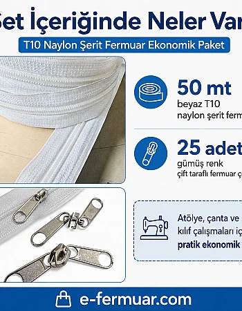 Çanta, Kılıf ve Atölyeler İçin T10 Naylon Şerit Fermuar Seti – 50 Metre + 25 Krüsör- ST-0009T10-50M25C