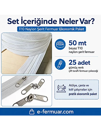 Çanta, Kılıf ve Atölyeler İçin T10 Naylon Şerit Fermuar Seti – 50 Metre + 25 Krüsör- ST-0009T10-50M25C