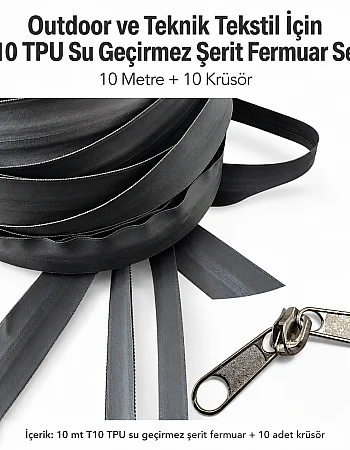 Outdoor ve Teknik Tekstil İçin T10 TPU Su Geçirmez Şerit Fermuar Seti – 10 Metre + 10 Krüsör- ST-0010
