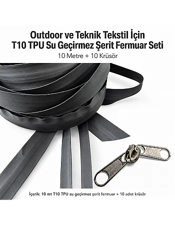 Outdoor ve Teknik Tekstil İçin T10 TPU Su Geçirmez Şerit Fermuar Seti – 10 Metre + 10 Krüsör- ST-0010