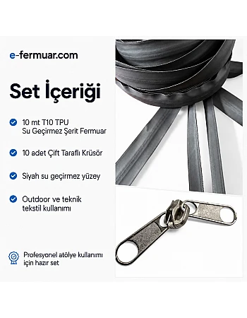 Outdoor ve Teknik Tekstil İçin T10 TPU Su Geçirmez Şerit Fermuar Seti – 10 Metre + 10 Krüsör- ST-0010