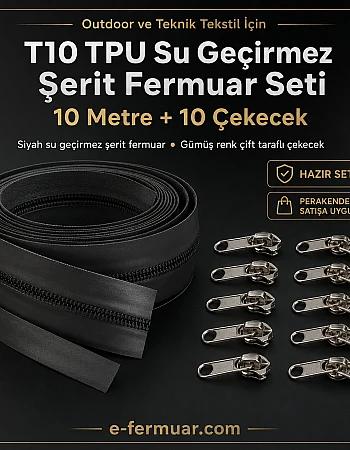 Outdoor ve Teknik Tekstil İçin T10 TPU Su Geçirmez Şerit Fermuar Seti – 10 Metre + 10 Çekecek - ST-0010