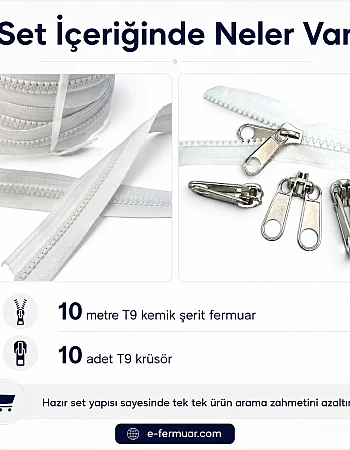 Branda ve Çadır Atölyeleri İçin T9 Kemik Şerit Fermuar Seti – 10 Metre + 10 Krüsör- ST-0012