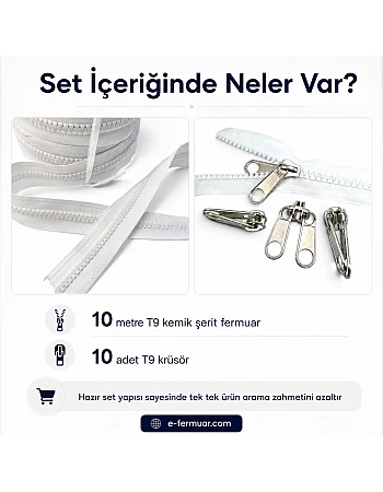 Branda ve Çadır Atölyeleri İçin T9 Kemik Şerit Fermuar Seti – 10 Metre + 10 Kürsör ST-0012