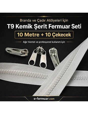 Branda ve Çadır Atölyeleri İçin T9 Kemik Şerit Fermuar Seti – 10 Metre + 10 Çekecek - ST-0012