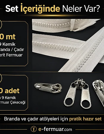 Branda ve Çadır Atölyeleri İçin T9 Kemik Şerit Fermuar Seti – 10 Metre + 10 Çekecek - ST-0012