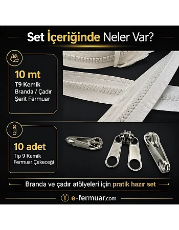 Branda ve Çadır Atölyeleri İçin T9 Kemik Şerit Fermuar Seti – 10 Metre + 10 Çekecek - ST-0012
