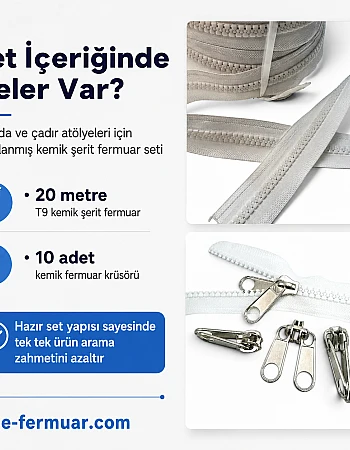 Branda ve Çadır Atölyeleri İçin T9 Kemik Şerit Fermuar Seti – 20 Metre + 10 Krüsör- ST-0012T9-20M10K