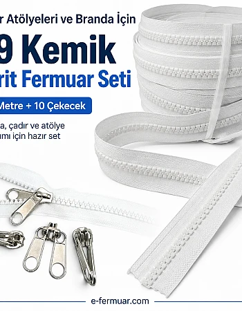 Branda ve Çadır Atölyeleri İçin T9 Kemik Şerit Fermuar Seti – 20 Metre + 10 Çekecek - ST-0012T9-20M10K