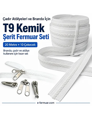 Branda ve Çadır Atölyeleri İçin T9 Kemik Şerit Fermuar Seti – 20 Metre + 10 Çekecek - ST-0012T9-20M10K
